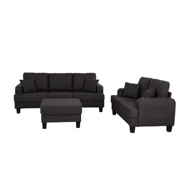 84.64 in Wide Straight Arm Fabric Rectangle 3-Seat Loveseat Sofa Sectional with Ottoman USB and Cup Holder in Dark Gray