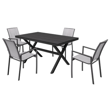 5-Piece Aluminum Frame Outdoor Dining Set with Faux Wood Table Stackable Dining Chairs Outdoor Patio Furniture Set, Black