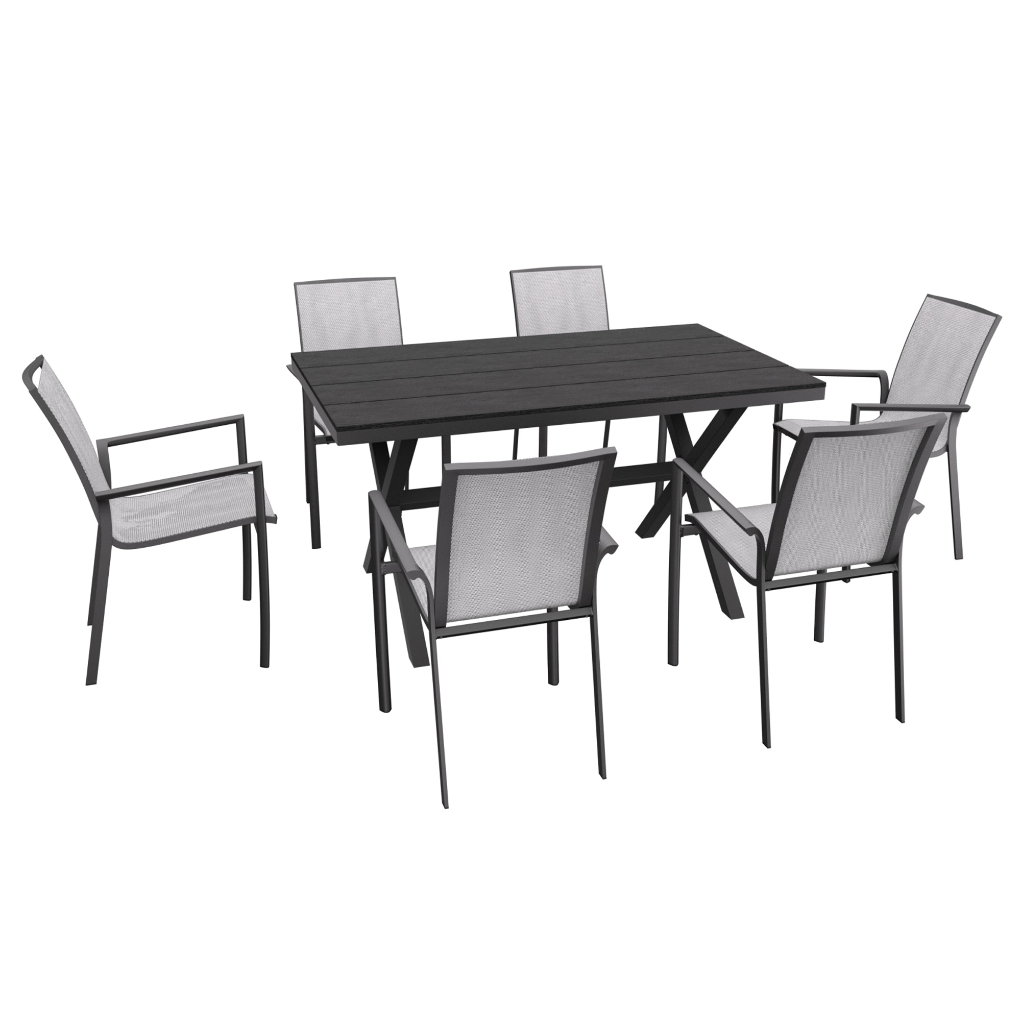 7-Piece Aluminum Frame Outdoor Dining Set with Faux Wood Table Stackable Dining Chairs Outdoor Patio Furniture Set, Black