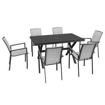 7-Piece Aluminum Frame Outdoor Dining Set with Faux Wood Table Stackable Dining Chairs Outdoor Patio Furniture Set, Black