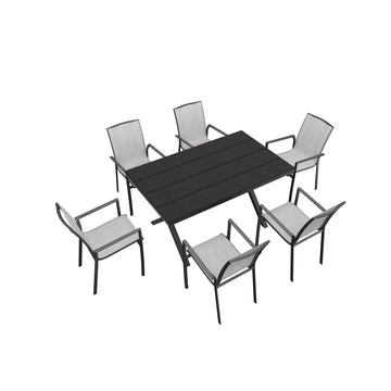 7-Piece Aluminum Frame Outdoor Dining Set with Faux Wood Table Stackable Dining Chairs Outdoor Patio Furniture Set, Black