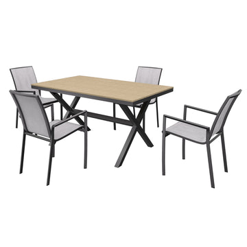 5-Piece Aluminum Frame Outdoor Dining Set with Faux Wood Table Stackable Dining Chairs Outdoor Patio Furniture Set, Brown