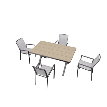 5-Piece Aluminum Frame Outdoor Dining Set with Faux Wood Table Stackable Dining Chairs Outdoor Patio Furniture Set, Brown
