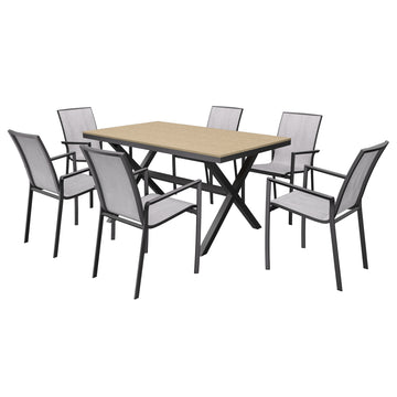 7-Piece Aluminum Frame Outdoor Dining Set with Faux Wood Table Stackable Dining Chairs Outdoor Patio Furniture Set, Brown