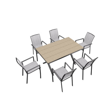 7-Piece Aluminum Frame Outdoor Dining Set with Faux Wood Table Stackable Dining Chairs Outdoor Patio Furniture Set, Brown
