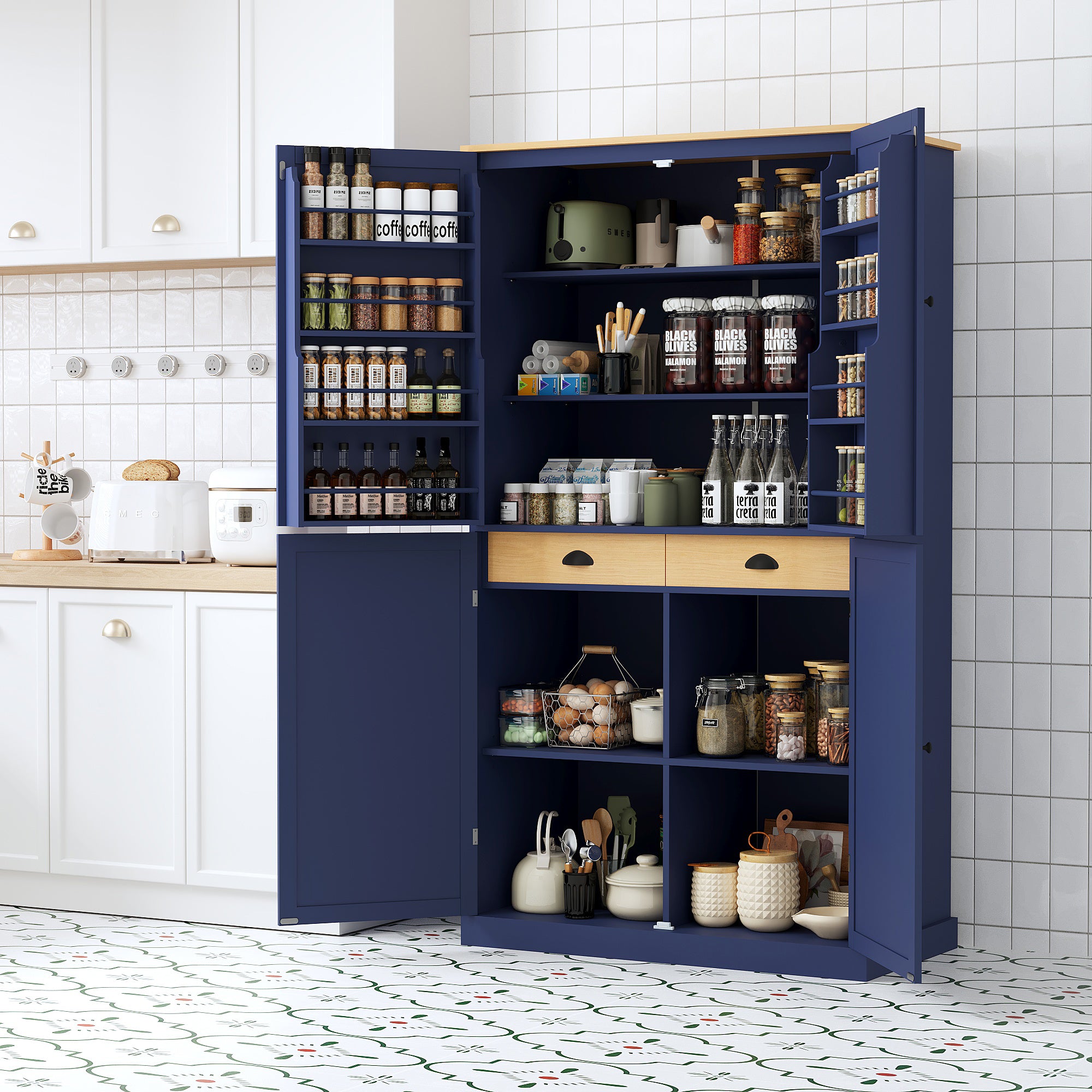 40.2in.W x 20in.D x 71.3in.H Blue Freestanding High Kitchen Pantry and Large Storage Cupboard Featuring 2 Drawers 2 Adjustable Shelves and 8 Door Mounted Shelves Ideal for Kitchens and Dining Rooms