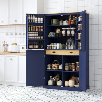40.2in.W x 20in.D x 71.3in.H Blue Freestanding High Kitchen Pantry and Large Storage Cupboard Featuring 2 Drawers 2 Adjustable Shelves and 8 Door Mounted Shelves Ideal for Kitchens and Dining Rooms