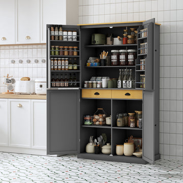 40.2in.W x 20in.D x 71.3in.H Gray Freestanding High Kitchen Pantry and Large Storage Cupboard Featuring 2 Drawers 2 Adjustable Shelves and 8 Door Mounted Shelves Ideal for Kitchens and Dining Rooms