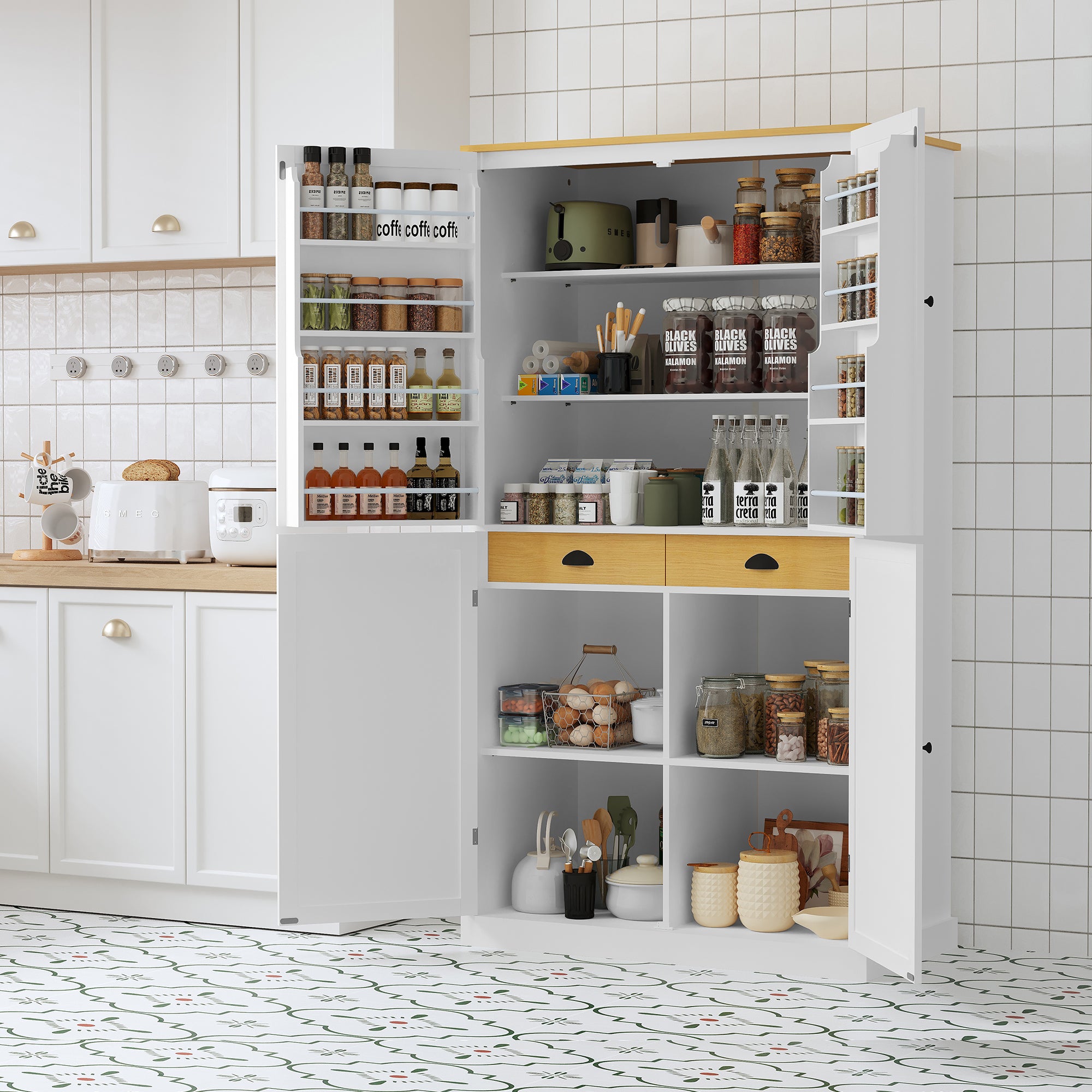 40.2in.W x 20in.D x 71.3in.H White Freestanding High Kitchen Pantry and Large Storage Cupboard Featuring 2 Drawers 2 Adjustable Shelves and 8 Door Mounted Shelves Ideal for Kitchens and Dining Rooms