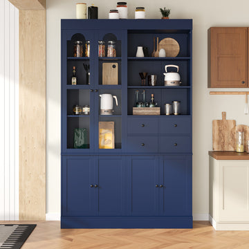 47.2in.W x 15.7in.D x 75in.H Blue Freestanding Buffet with Hutch Tall Kitchen Pantry Cabinet with 4 Drawers Door Shelves and Pull-out Trays for Dining Rooms and Living Rooms
