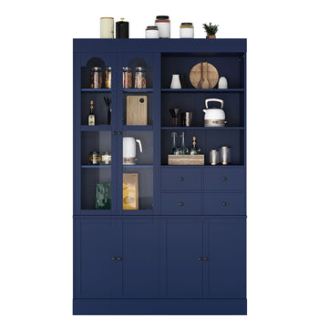 47.2in.W x 15.7in.D x 75in.H Blue Freestanding Buffet with Hutch Tall Kitchen Pantry Cabinet with 4 Drawers Door Shelves and Pull-out Trays for Dining Rooms and Living Rooms