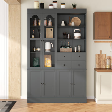 47.2in.W x 15.7in.D x 75in.H Gray Freestanding Buffet with Hutch Tall Kitchen Pantry Cabinet with 4 Drawers Door Shelves and Pull-out Trays for Dining Rooms and Living Rooms