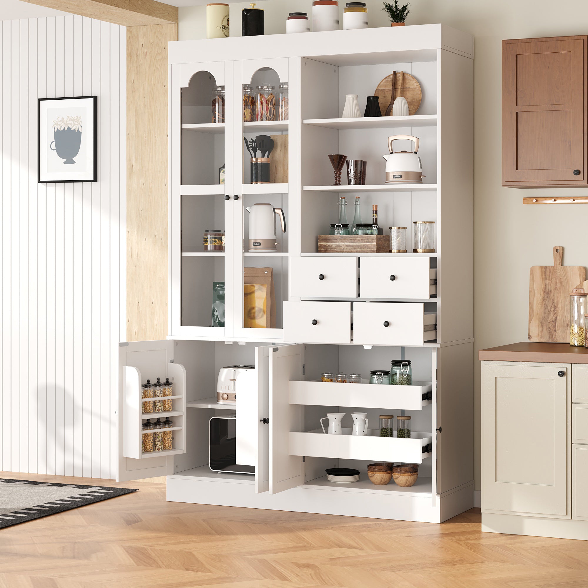 47.2in.W x 15.7in.D x 75in.H White Freestanding Buffet with Hutch Tall Kitchen Pantry Cabinet with 4 Drawers Door Shelves and Pull-out Trays for Dining Rooms and Living Rooms