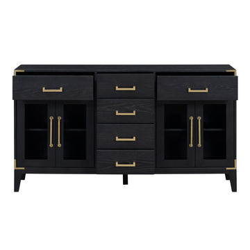6-drawer and 2-Cabinet Retro Sideboard with Extra Large Storage Space, with Gold Handles and Solid Wood Legs, for Kitchen and Living Room