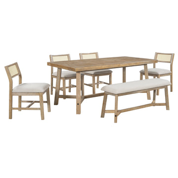 6-piece Retro Farmhouse Style Dining Set, Rectangular Table and 4 Upholstered Chairs with Rattan and Bench for Dining Room and Kitchen