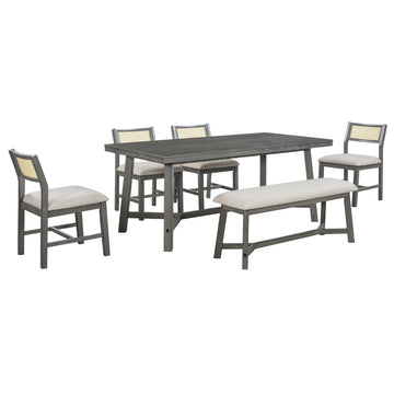 6-piece Retro Farmhouse Style Dining Set, Rectangular Table and 4 Upholstered Chairs with Rattan and Bench for Dining Room and Kitchen