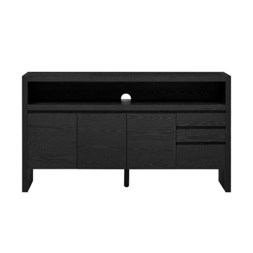 60-Inch Modern 3-Door Sideboard with Drawers and Shelf - Versatile Ash Wood Storage Cabinet in Black