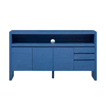60-Inch Modern 3-Door Sideboard with Drawers and Shelf - Versatile Ash Wood Storage Cabinet in Navy Blue