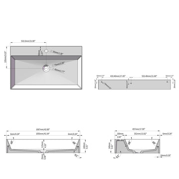 42 Inch Rectangular Matte White Artificial Stone Bathroom Vanity Sink Wall-mounted Sink