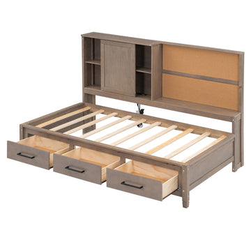 Twin Size Lounge Daybed with Storage Shelves, Cork Board, USB Ports and 3 Drawers