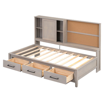 Twin Size Lounge Daybed with Storage Shelves, Cork Board, USB Ports and 3 Drawers