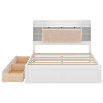 Wood Queen Size Platform Bed with Storage Headboard, Shelves and 2 Drawers