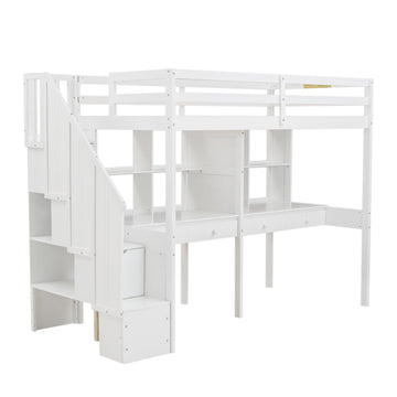 Twin Size Loft Bed Frame with Storage Staircase and Double Desks and Shelves