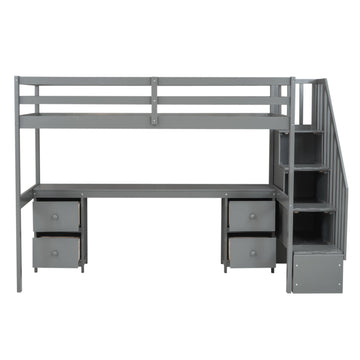 Twin Size Loft Bed Frame with Built-in Desk and Double Storage Drawers