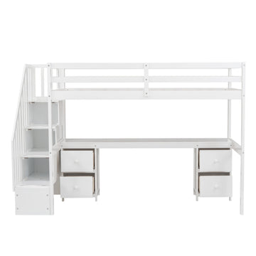 Twin Size Loft Bed Frame with Built-in Desk and Double Storage Drawers