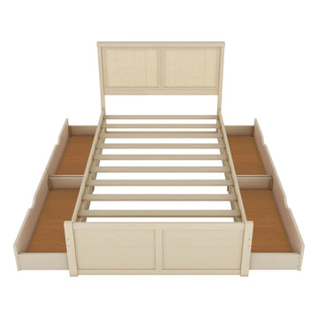 Full Size Wood Storage Platform Bed with 4 Drawers, Rattan Headboard