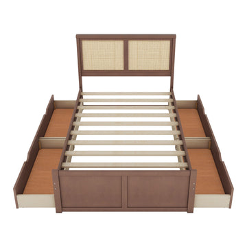 Full Size Wood Storage Platform Bed with 4 Drawers, Rattan Headboard