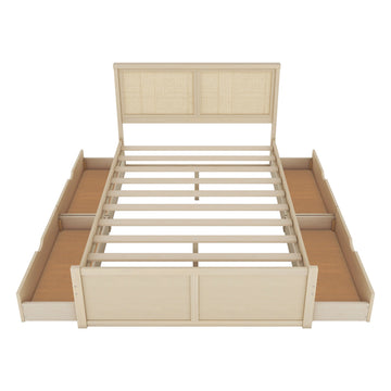 Queen Size Wood Storage Platform Bed with 4 Drawers, Rattan Headboard