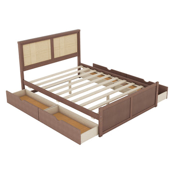 Queen Size Wood Storage Platform Bed with 4 Drawers, Rattan Headboard