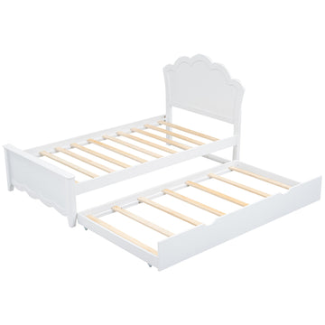 Twin Size Wood Platform Bed with Headboard and Twin Size Trundle