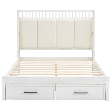 Queen Size Wood Platform Bed with Upholstered Headboard and 2 Drawers