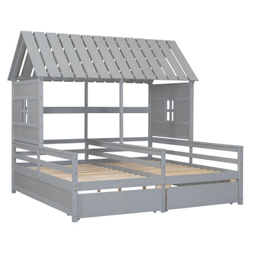 Twin Size House Platform Beds with Two Drawers for Boy and Girl Shared Beds, Combination of 2 Side by Side Twin Size Beds