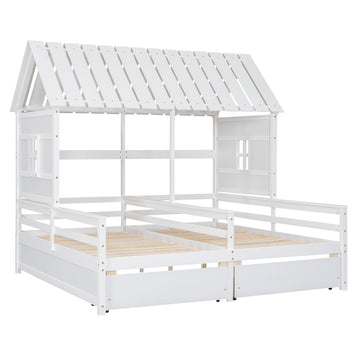 Twin Size House Platform Beds with Two Drawers for Boy and Girl Shared Beds, Combination of 2 Side by Side Twin Size Beds