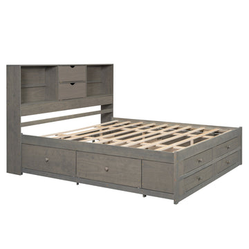 Queen Size Platform Bed with Storage Headboard and 8 Drawers