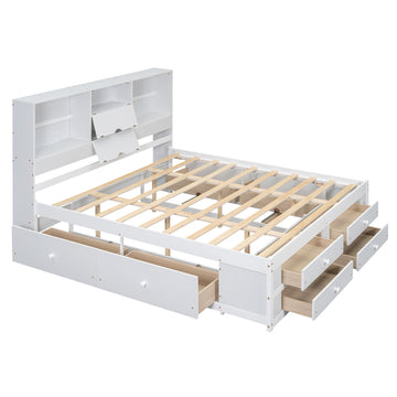 Queen Size Platform Bed with Storage Headboard and 8 Drawers