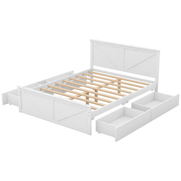 Queen Size Wooden Platform Bed with Four Storage Drawers and Support Legs