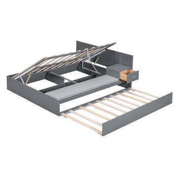 Full Size Wood Storage Hydraulic Platform Bed with Twin Size Trundle, Side Table and Lounge