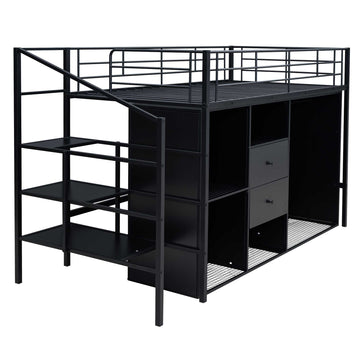 Twin Size Metal Loft Bed with Drawers, Storage Staircase and Small Wardrobe