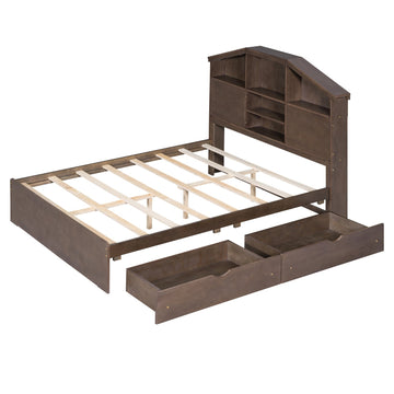 Full Size Wood Platform Bed with House-shaped Storage Headboard and 2 Drawers