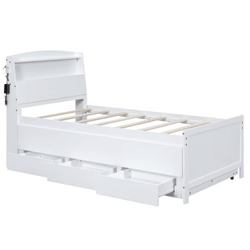 Twin Size Platform Bed with Storage LED Headboard, Twin Size Trundle and 3 Drawers