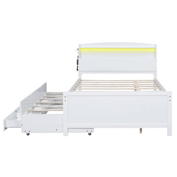 Full Size Platform Bed with Storage LED Headboard, Twin Size Trundle and 3 Drawers