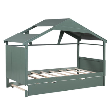 Wood Twin Size House Bed with Trundle and Storage