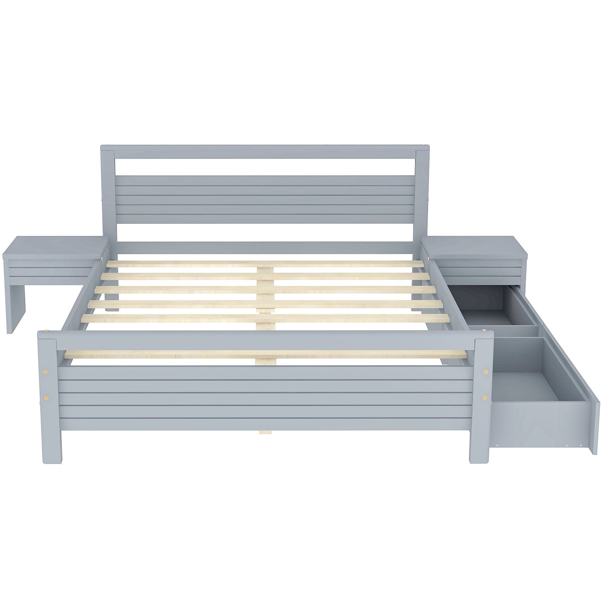Queen Size Wooden Platform Bed With 2 Storage Drawers And 2 Bedside Tables