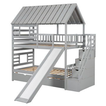 Twin over Twin House Bunk Bed with Trundle and Slide, Storage Staircase, Roof and Window Design