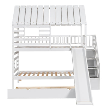 Twin over Twin House Bunk Bed with Trundle and Slide, Storage Staircase, Roof and Window Design