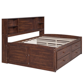 Full Size Wooden Captain Bed with Built-in Storage Shelves, 4 Drawers and 2 Cabinets